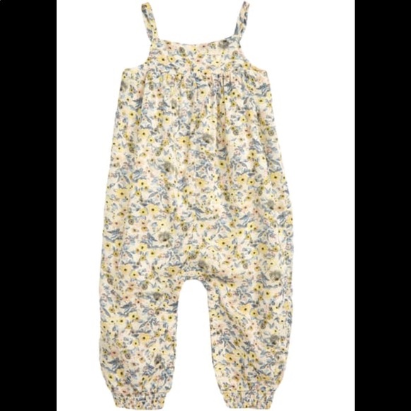Something Navy Floral Smocked Romper In YELLOW SAND ROMANTIC DITSY SZ 18 Months - Picture 1 of 12
